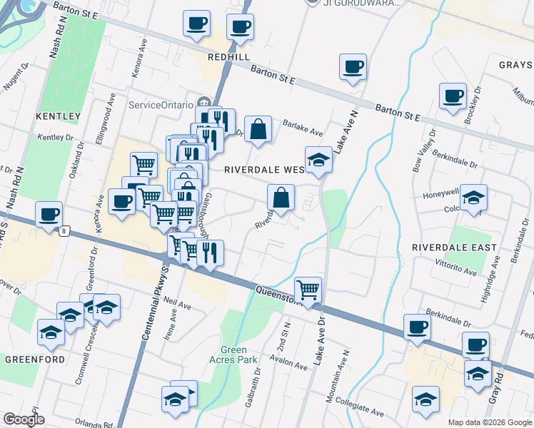 map of restaurants, bars, coffee shops, grocery stores, and more near in Hamilton