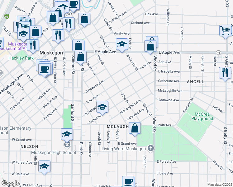 map of restaurants, bars, coffee shops, grocery stores, and more near 180 East Isabella Avenue in Muskegon