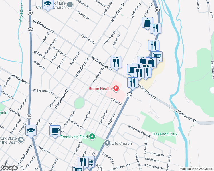 map of restaurants, bars, coffee shops, grocery stores, and more near 1511 North James Street in Rome