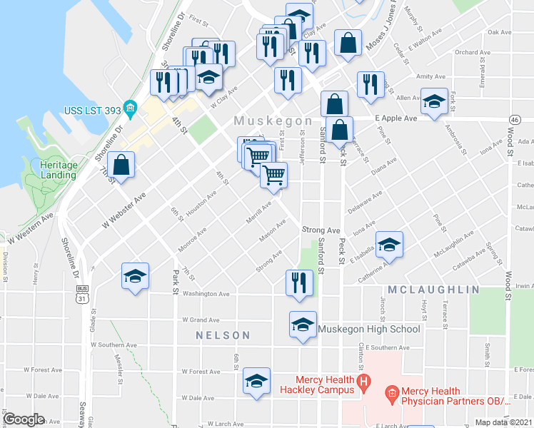 map of restaurants, bars, coffee shops, grocery stores, and more near 209 Merrill Avenue in Muskegon