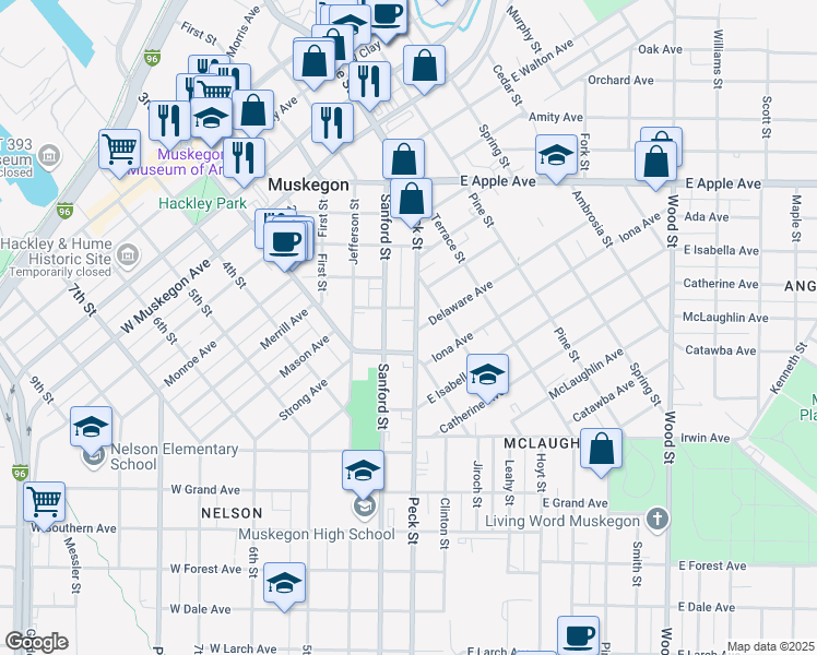 map of restaurants, bars, coffee shops, grocery stores, and more near 1229 Peck Street in Muskegon