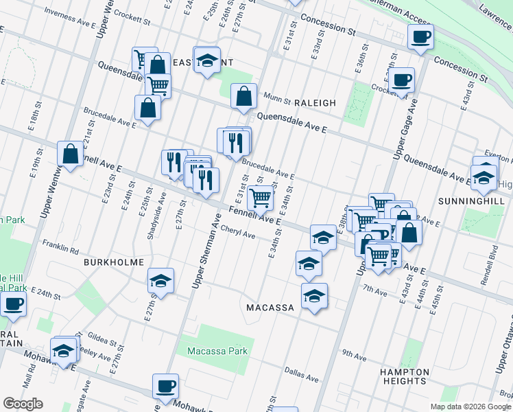 map of restaurants, bars, coffee shops, grocery stores, and more near 245 East 32nd Street in Hamilton