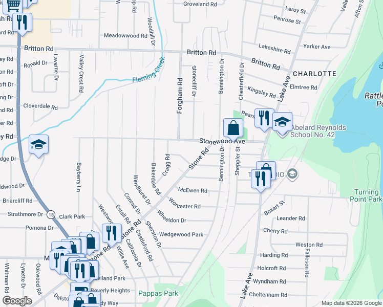 map of restaurants, bars, coffee shops, grocery stores, and more near 74 Stone Road in Rochester