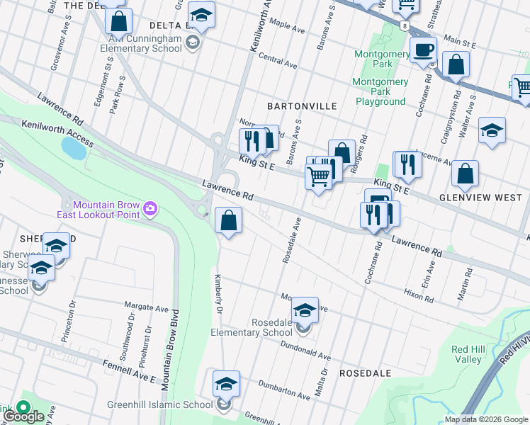 map of restaurants, bars, coffee shops, grocery stores, and more near 718 Lawrence Road in Hamilton