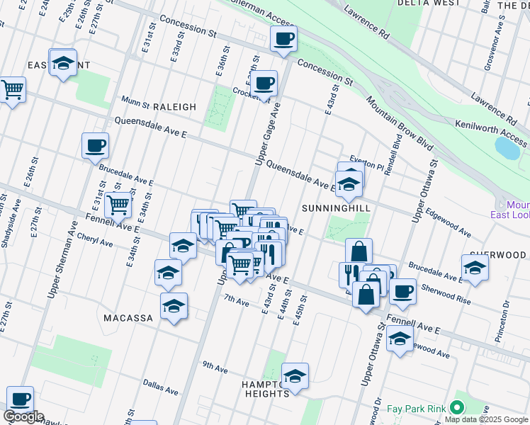 map of restaurants, bars, coffee shops, grocery stores, and more near 94 East 41st Street in Hamilton