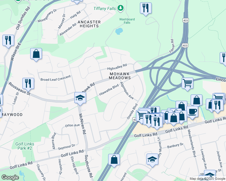 map of restaurants, bars, coffee shops, grocery stores, and more near 666 Hiawatha Boulevard in Hamilton