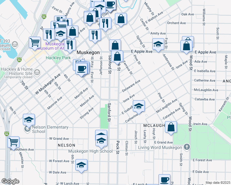 map of restaurants, bars, coffee shops, grocery stores, and more near 1222 Peck Street in Muskegon