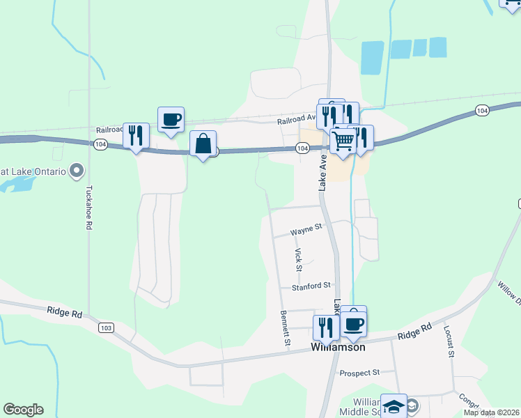 map of restaurants, bars, coffee shops, grocery stores, and more near 6359 Bennett Street in Williamson