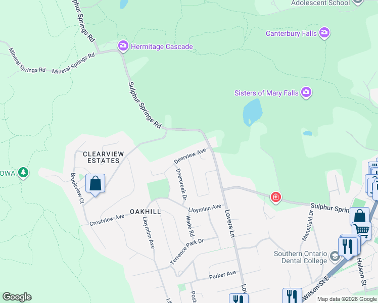 map of restaurants, bars, coffee shops, grocery stores, and more near 33 Deerview Avenue in Hamilton