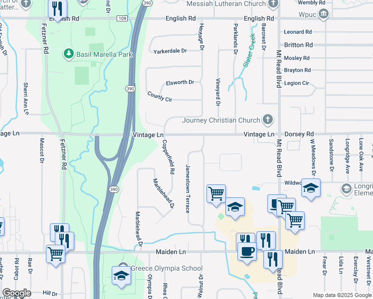 map of restaurants, bars, coffee shops, grocery stores, and more near 263 Jamestown Terrace in Rochester