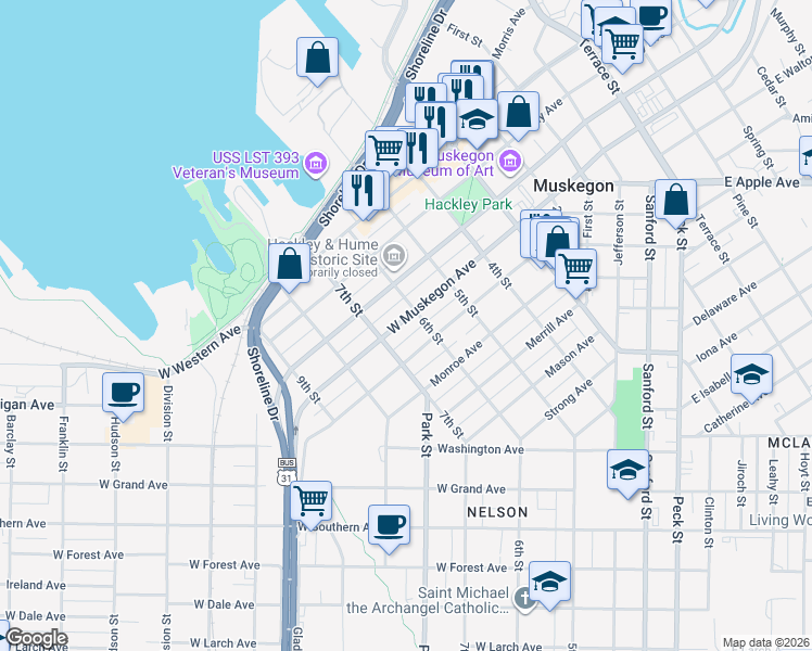 map of restaurants, bars, coffee shops, grocery stores, and more near 479 West Muskegon Avenue in Muskegon