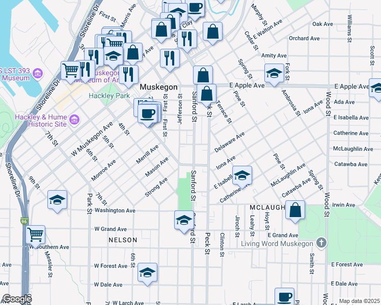 map of restaurants, bars, coffee shops, grocery stores, and more near 1225 Sanford Street in Muskegon