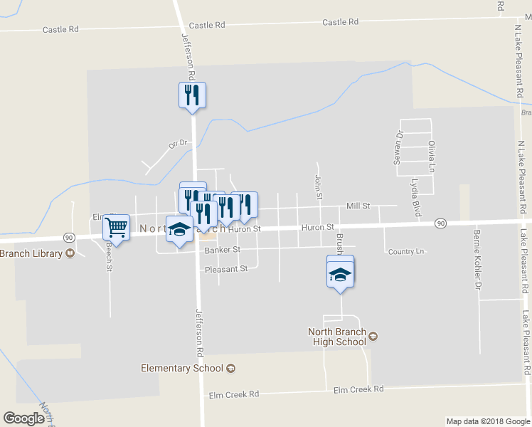 map of restaurants, bars, coffee shops, grocery stores, and more near 4172 Mill Street in North Branch