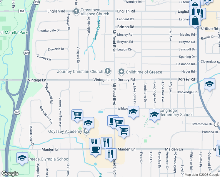 map of restaurants, bars, coffee shops, grocery stores, and more near 3887 Mount Read Boulevard in Rochester