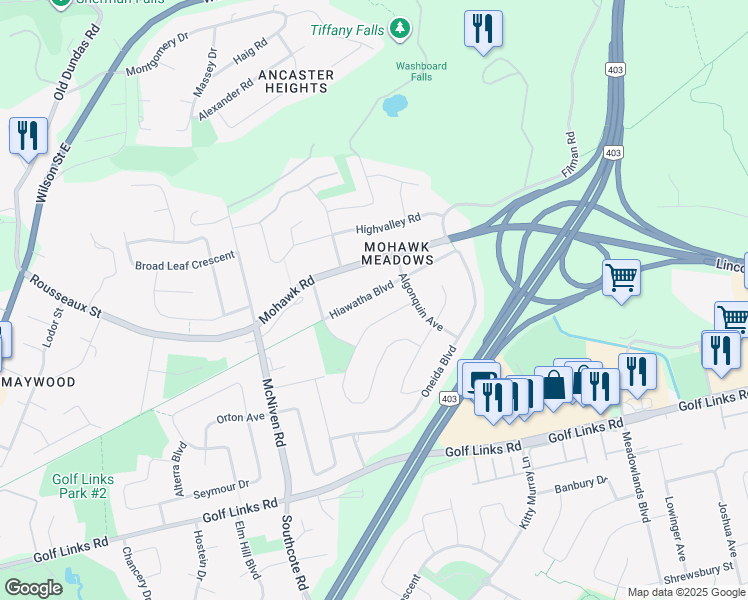 map of restaurants, bars, coffee shops, grocery stores, and more near 666 Hiawatha Boulevard in Hamilton