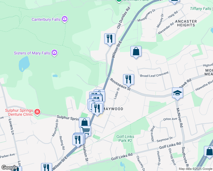 map of restaurants, bars, coffee shops, grocery stores, and more near 450 Wilson Street East in Hamilton