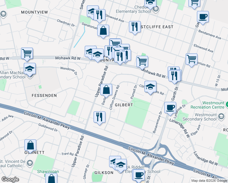 map of restaurants, bars, coffee shops, grocery stores, and more near 150 Clifton Downs Road in Hamilton