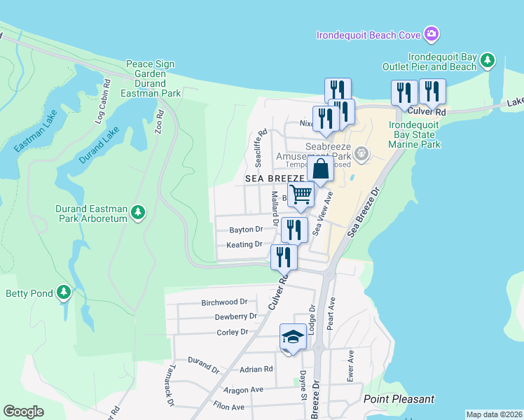 map of restaurants, bars, coffee shops, grocery stores, and more near 104 Breezeway Drive in Rochester