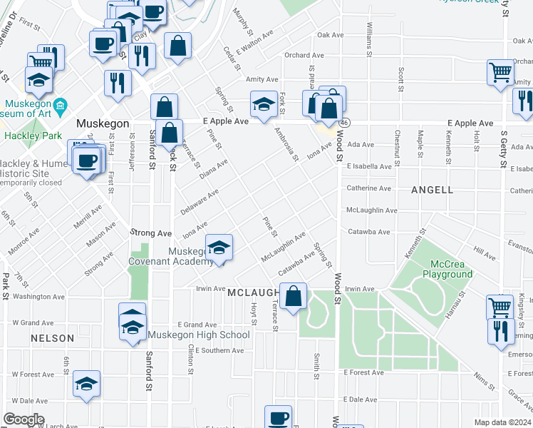 map of restaurants, bars, coffee shops, grocery stores, and more near 1226 Pine Street in Muskegon