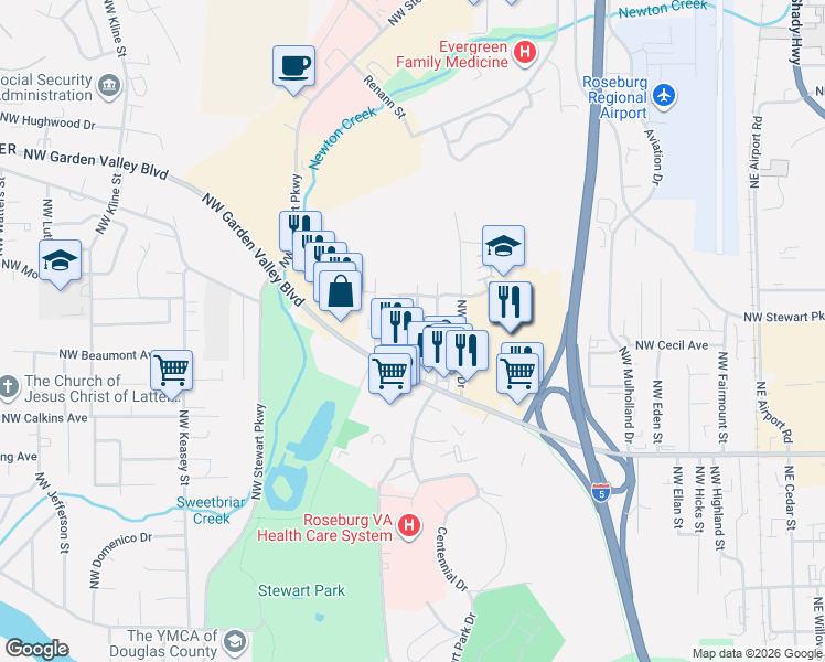 map of restaurants, bars, coffee shops, grocery stores, and more near 1725 Northwest Patricia Street in Roseburg