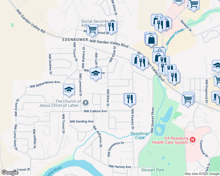 map of restaurants, bars, coffee shops, grocery stores, and more near 1663 Northwest Almond Avenue in Roseburg