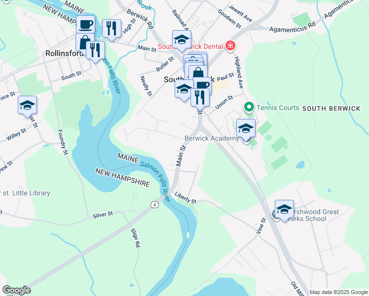 map of restaurants, bars, coffee shops, grocery stores, and more near 85 Main Street in South Berwick