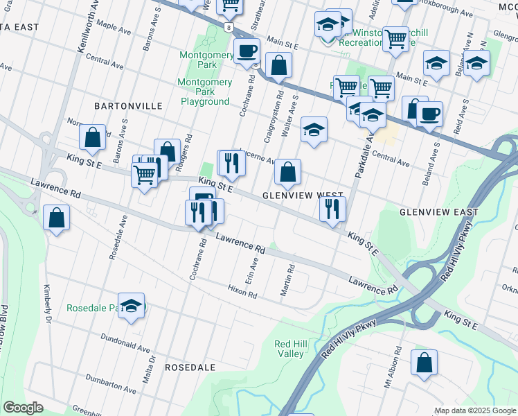 map of restaurants, bars, coffee shops, grocery stores, and more near 2200 King Street East in Hamilton