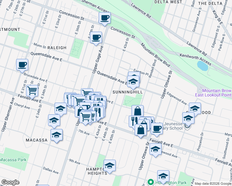 map of restaurants, bars, coffee shops, grocery stores, and more near 173 East 43rd Street in Hamilton