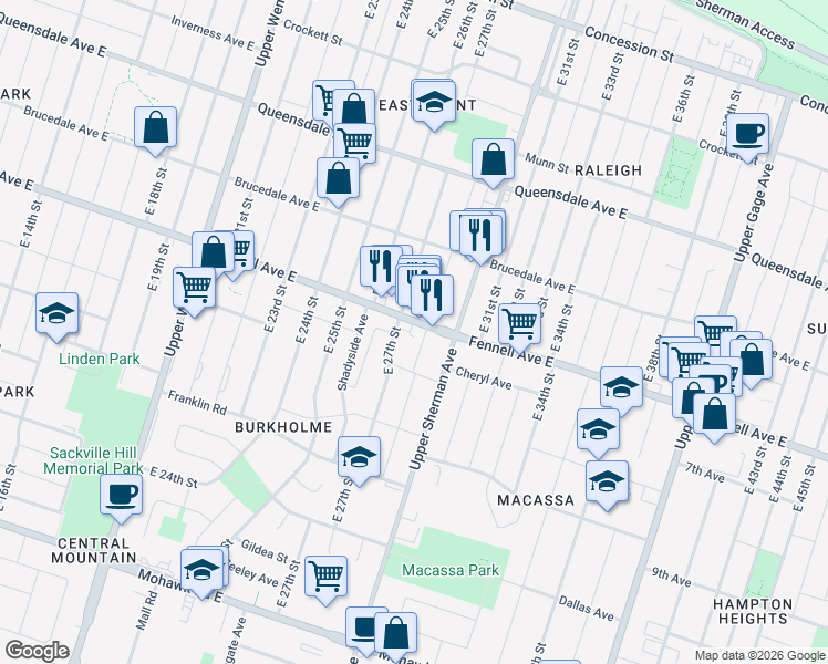 map of restaurants, bars, coffee shops, grocery stores, and more near in Hamilton