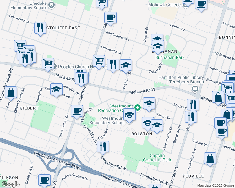 map of restaurants, bars, coffee shops, grocery stores, and more near 365 Mohawk Road West in Hamilton