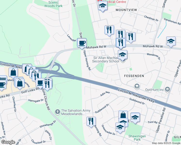 map of restaurants, bars, coffee shops, grocery stores, and more near 446 Upper Horning Road in Hamilton