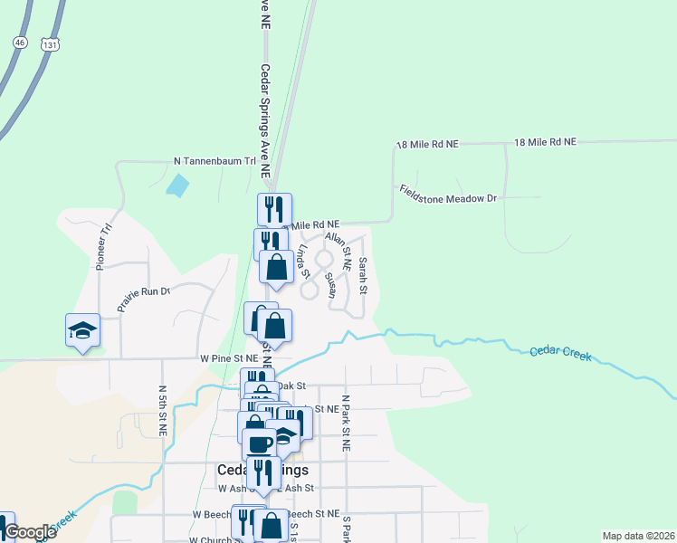 map of restaurants, bars, coffee shops, grocery stores, and more near 381 Allan Street in Cedar Springs