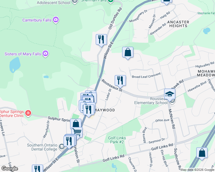 map of restaurants, bars, coffee shops, grocery stores, and more near 44 Rousseaux Street in Hamilton
