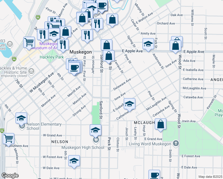 map of restaurants, bars, coffee shops, grocery stores, and more near 1222 Peck Street in Muskegon