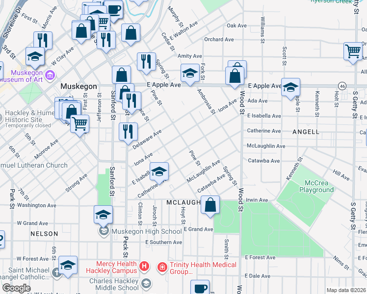 map of restaurants, bars, coffee shops, grocery stores, and more near 190 East Isabella Avenue in Muskegon