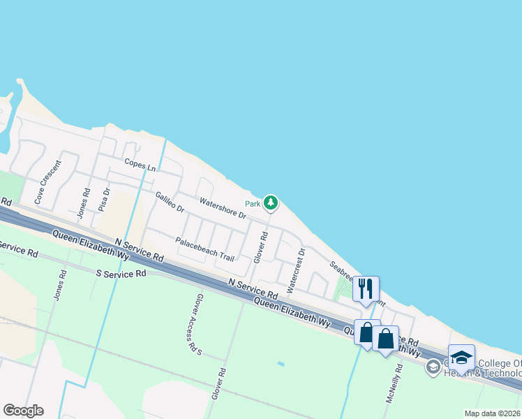 map of restaurants, bars, coffee shops, grocery stores, and more near 8 Lakeshore Drive in Hamilton
