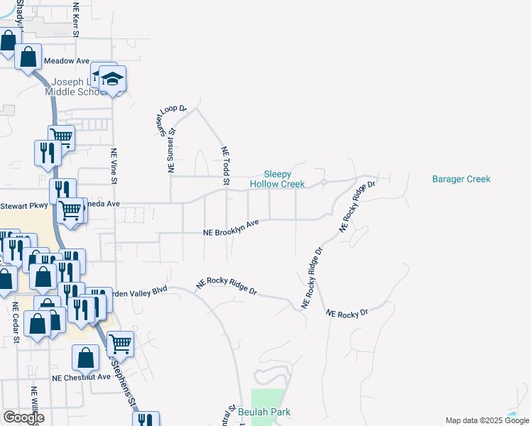 map of restaurants, bars, coffee shops, grocery stores, and more near 1439 Northeast Brooklyn Avenue in Roseburg