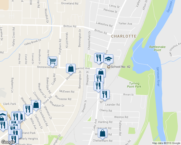 map of restaurants, bars, coffee shops, grocery stores, and more near 48 Winans Street in Rochester