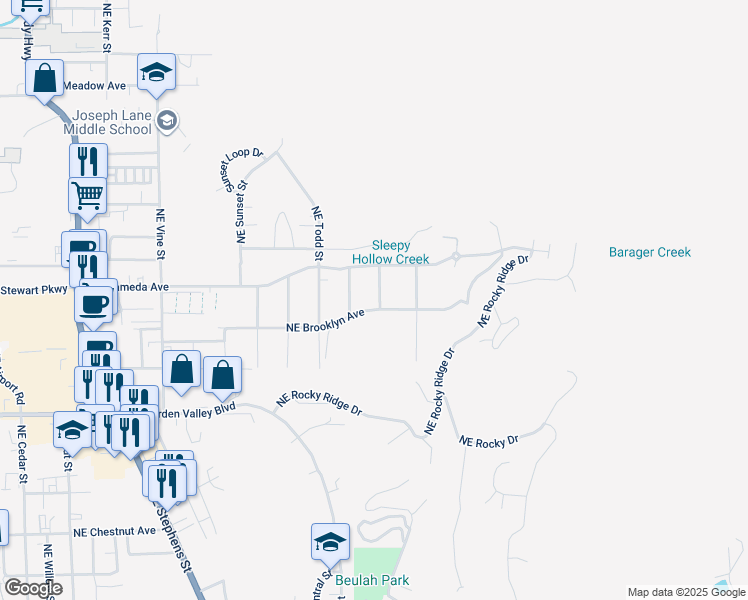 map of restaurants, bars, coffee shops, grocery stores, and more near 1439 Northeast Brooklyn Avenue in Roseburg