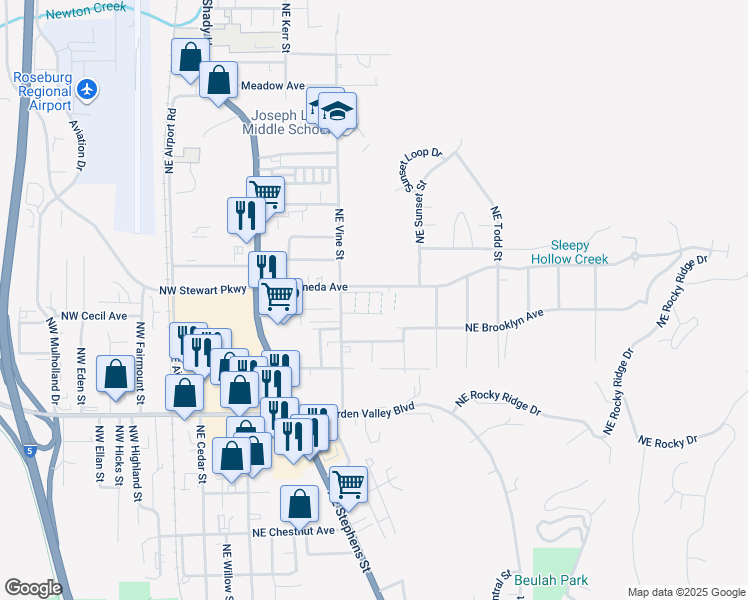 map of restaurants, bars, coffee shops, grocery stores, and more near 1623 Northeast Vine Street in Roseburg