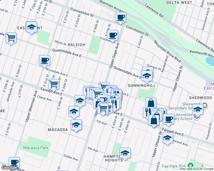 map of restaurants, bars, coffee shops, grocery stores, and more near 94 East 41st Street in Hamilton