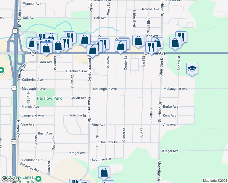 map of restaurants, bars, coffee shops, grocery stores, and more near 1230 West Street in Muskegon