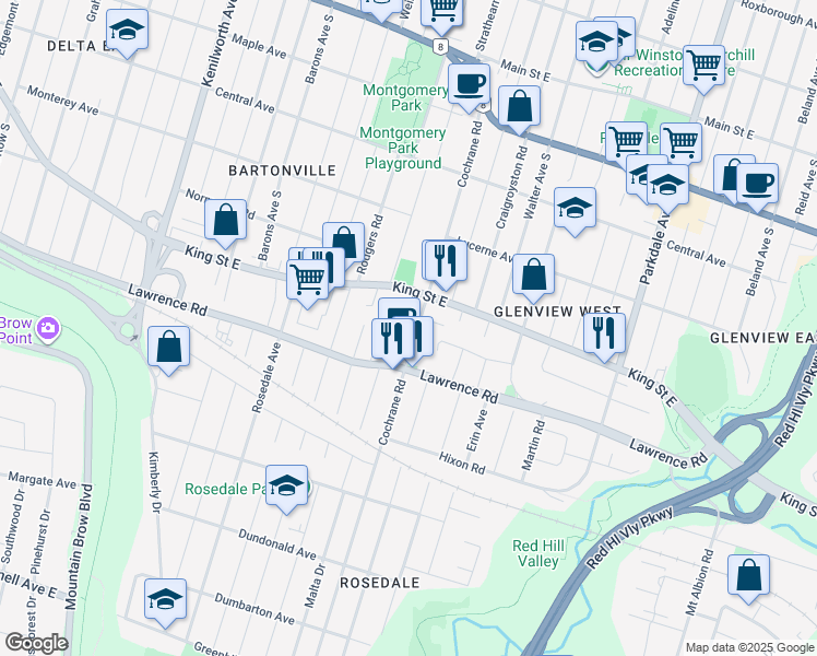 map of restaurants, bars, coffee shops, grocery stores, and more near 340 Cochrane Road in Hamilton