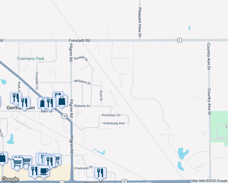 map of restaurants, bars, coffee shops, grocery stores, and more near 11716 Valley Court in Germantown
