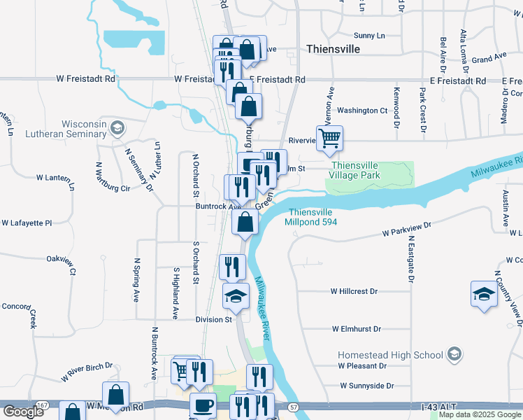 map of restaurants, bars, coffee shops, grocery stores, and more near 108 Green Bay Road in Thiensville