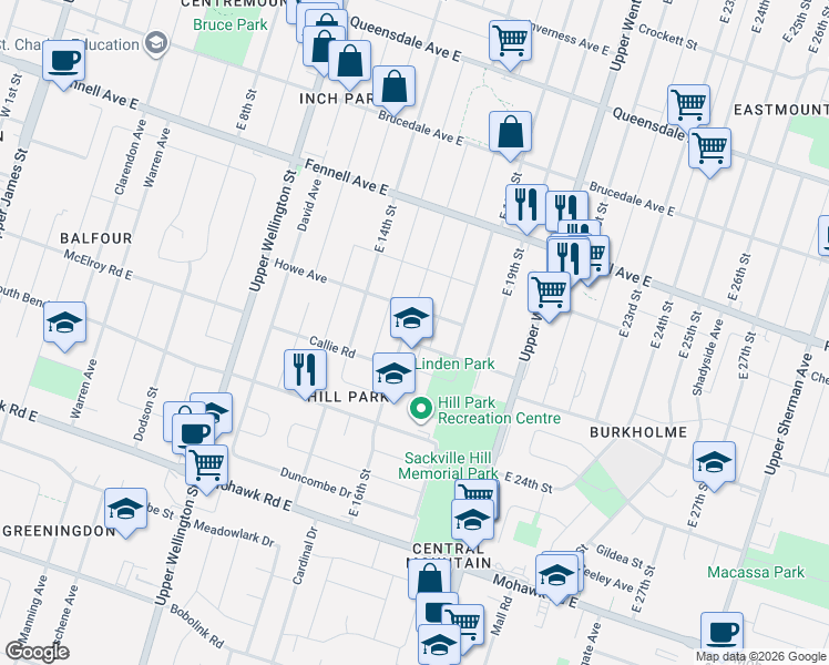 map of restaurants, bars, coffee shops, grocery stores, and more near 393 East 16th Street in Hamilton