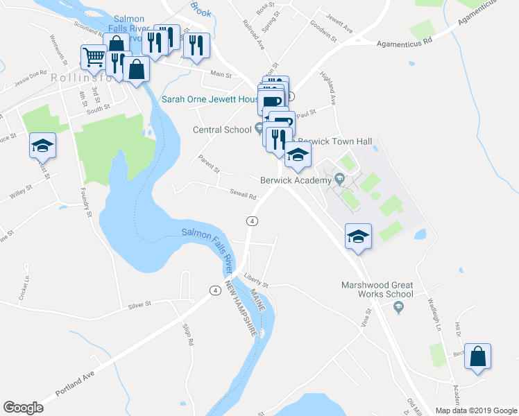 map of restaurants, bars, coffee shops, grocery stores, and more near 96 Main Street in South Berwick