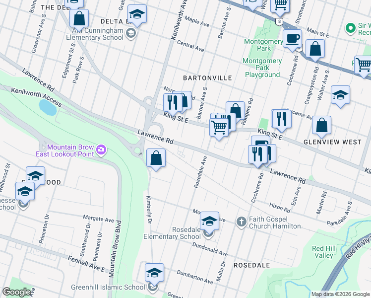 map of restaurants, bars, coffee shops, grocery stores, and more near 734 Lawrence Road in Hamilton