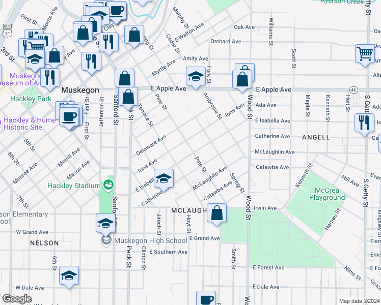 map of restaurants, bars, coffee shops, grocery stores, and more near 1209 Pine Street in Muskegon