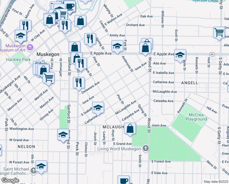 map of restaurants, bars, coffee shops, grocery stores, and more near 190 East Isabella Avenue in Muskegon
